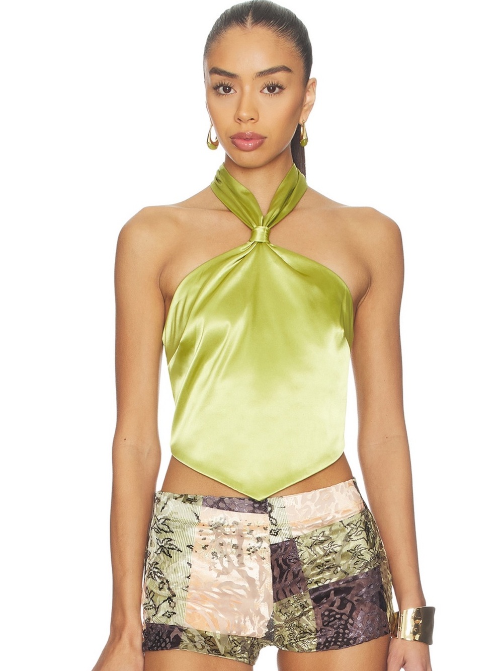 Superdown Green Satin Halter Scarf Top